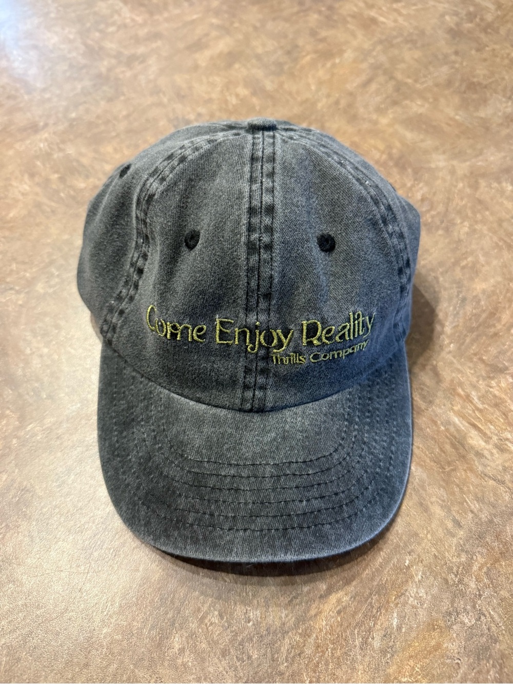 Thrills Vintage Washed Black Baseball Cap, Yellow Embroidery, Come Enjoy Reality